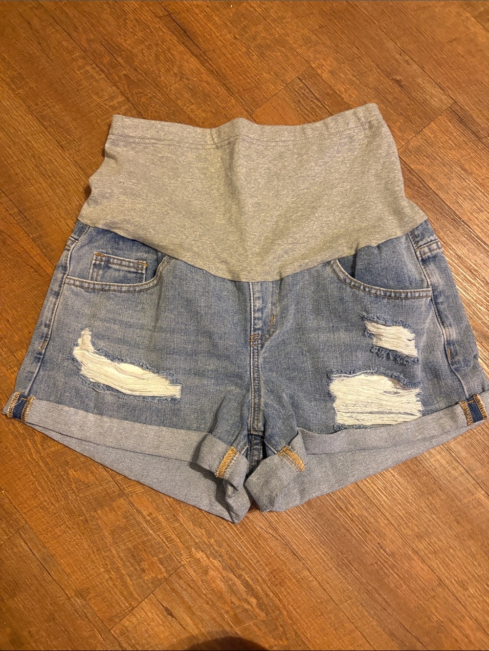 Maternity Denim Distressed Shorts with Gray Stretch Waistband size small/medium